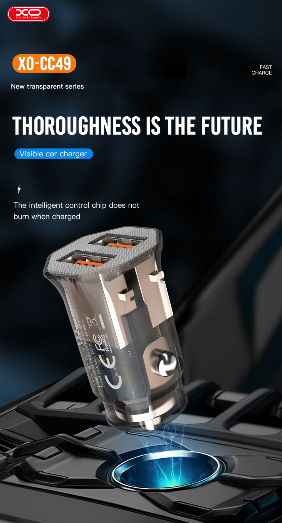 XO CC49 Dual USB Ports 2.4A Transparent Car Charger Set